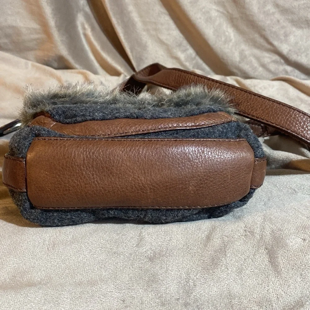 FOSSIL Vintage Maddox Faux Fur Gray Brown Crossbody Bag Saddle Bag